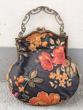 Vintage Hand Beaded Floral Kiss Lock Evening Bag Ornate Filigree Handle